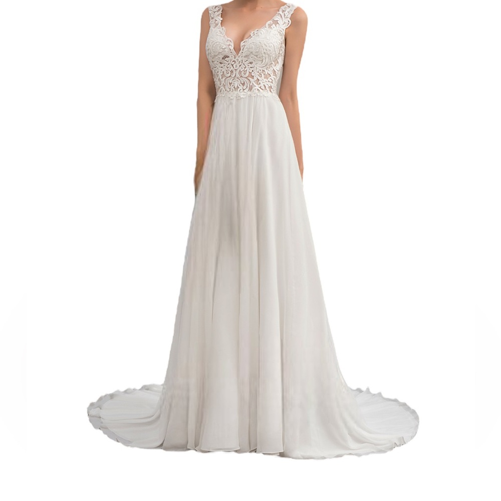 A-Line V-Neck Court Train Chiffon Lace Wedding Dress Size 6 BRAND NEW